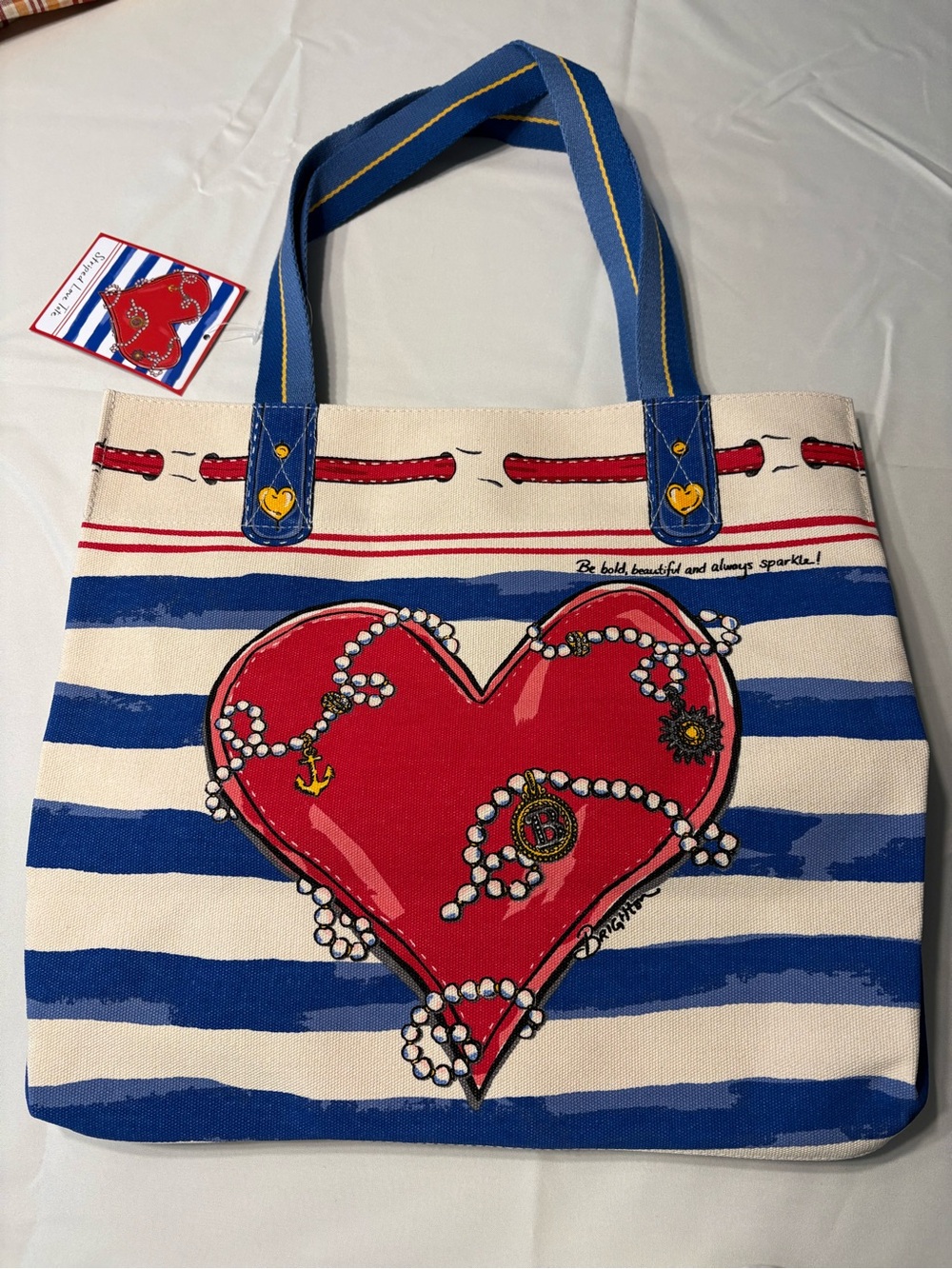 Brighton Blue & White Striped 'Love' Canvas Tote Bag with Red Accents - Picture 3 of 7